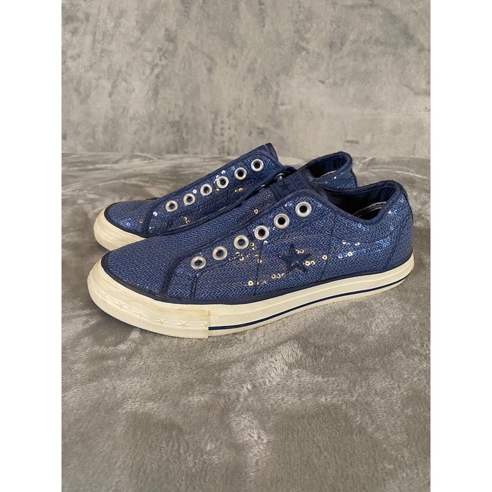 Converse Sneakers Women 7.5 Navy Blue One Star Low Top Sequin‎ Sparkle Slip On